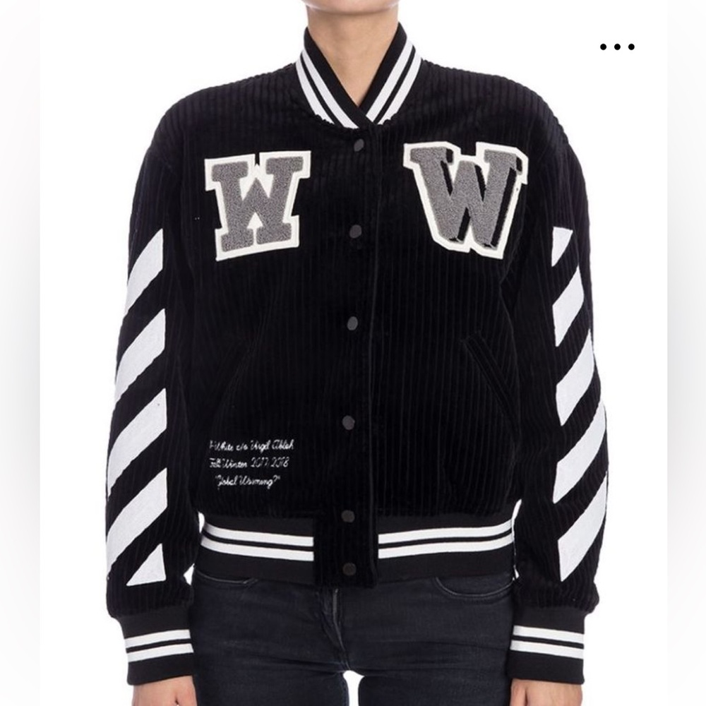 Off-White Black Corduroy Diagonal Varsity Jacket
Size 38 (fits like a Small)